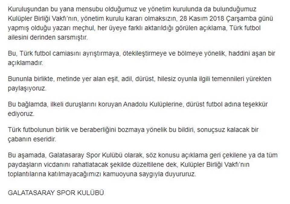 Galatasaray, Kulüpler Birliği toplantılarına katılmayacağını duyurdu