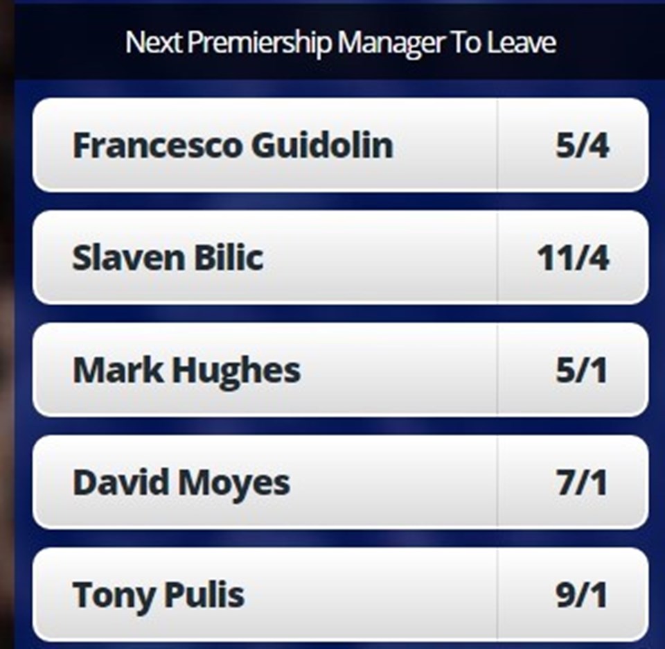 Premier Leauge’de kovulması beklenen hocalar için bahisler açıldı. İlk sırada Swansea menajeri Guidolin var. Slaven Bilic ise bahislerde ikinci sırada.