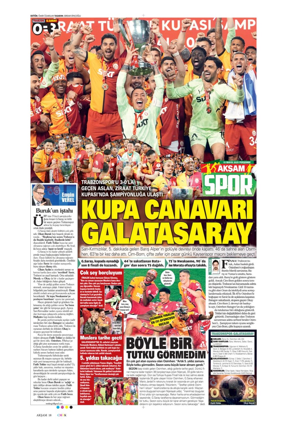 "Kupa canavarı Galatasaray" (15 Mayıs 2025 spor manşetleri) - 1