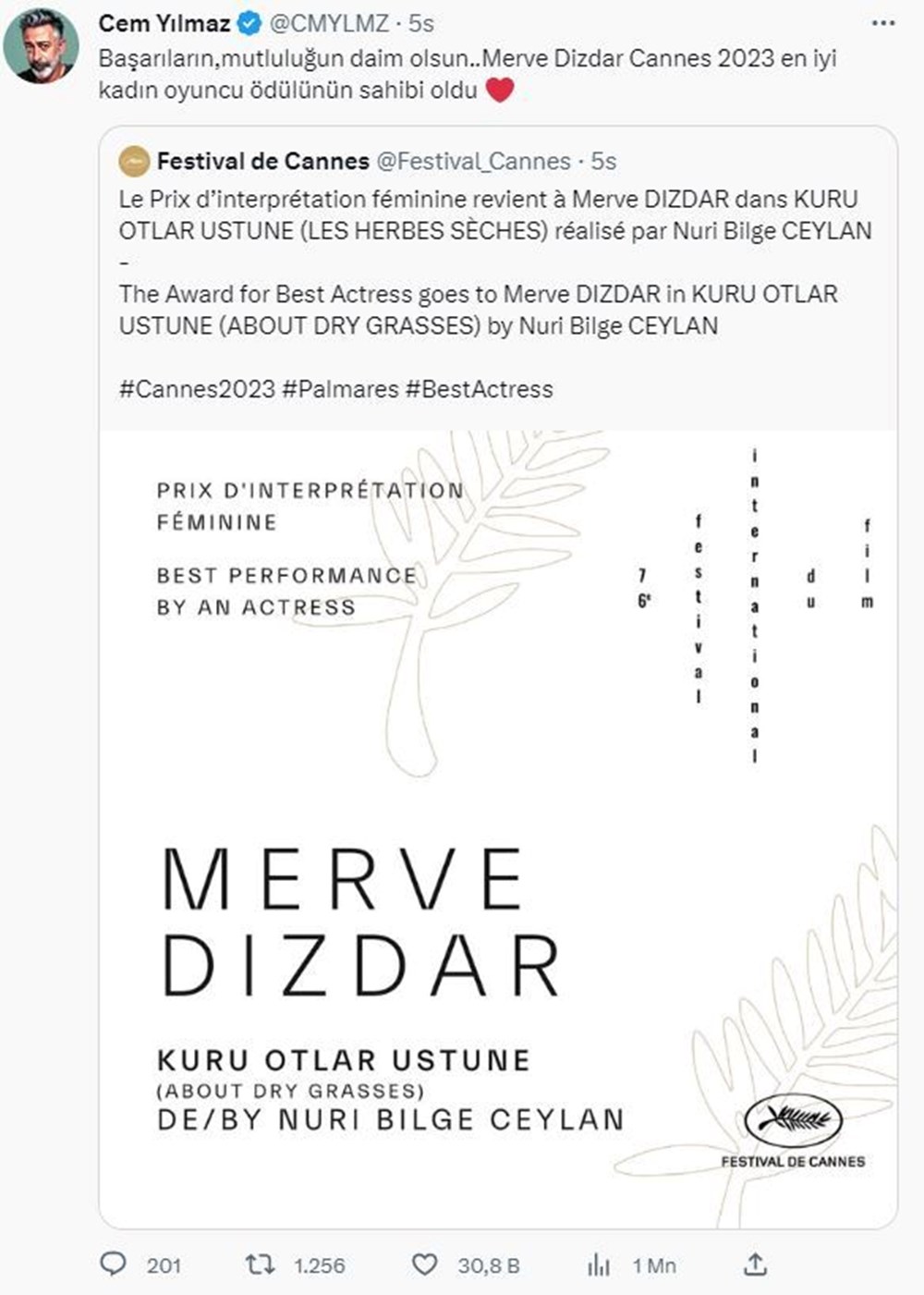 Cannes'dan ödülle dönen Merve Dizdar'a tebrik mesajları yağdı - 12