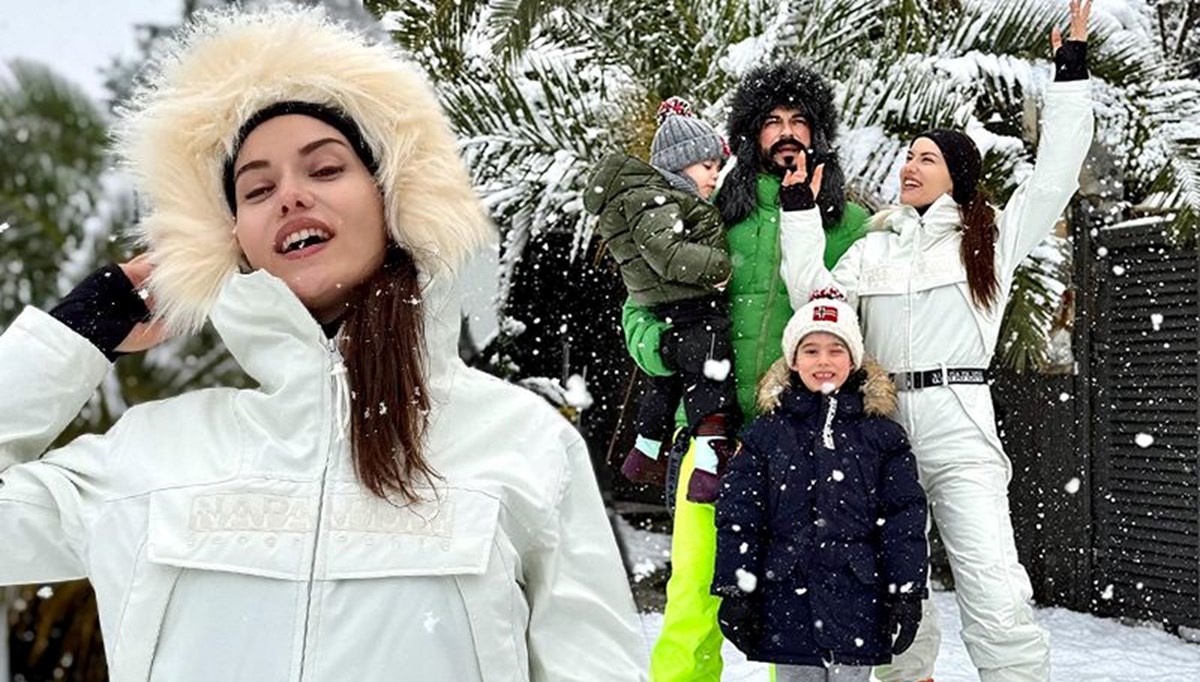 Fahriye Evcen ile Burak Özçivit karın keyfini çıkardı! Aile pozları gündem oldu