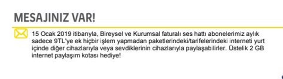 İnternet paylaşımının ücretli olacağını ilk Turkcell duyurdu. Vodafone ve Türk Telekom henüz bu konuda açıklama yapmadı