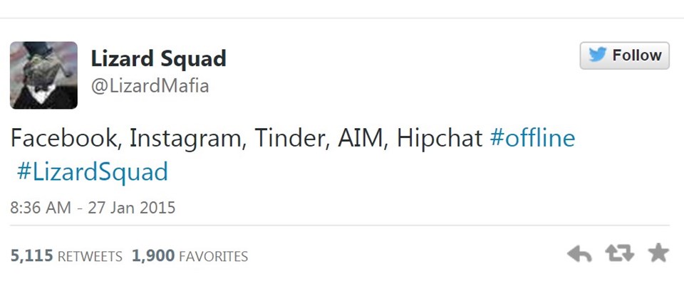 Lizard Squad, Twitter hesabından yayınladığı mesajda, Facebook ve Twitter'ı hack'lediğini iddia etti.