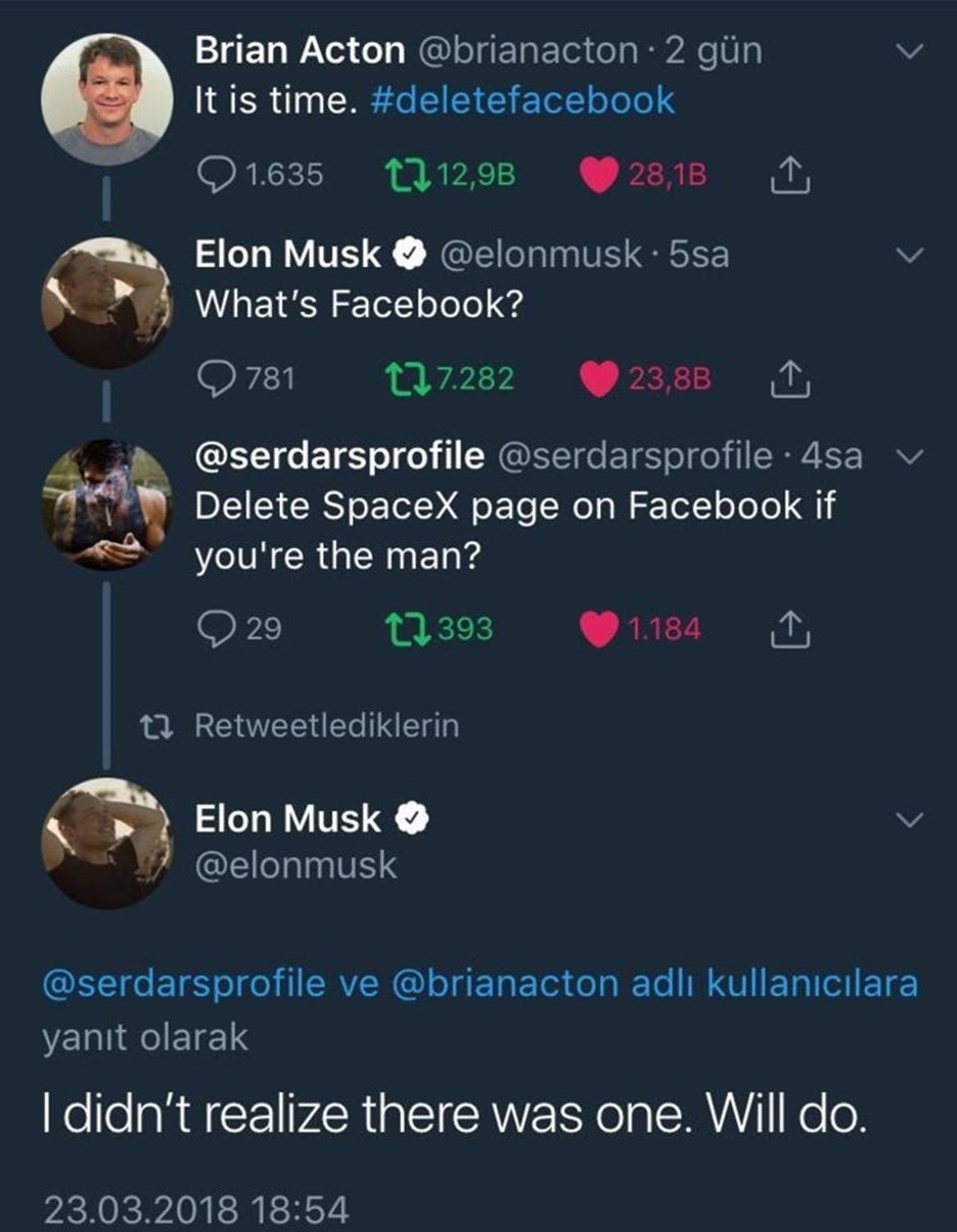 Twitter'daki  takipçilerinin yoğun isteği üzerine 46 yaşındaki milyarder girişimci 2 buçuk milyondan fazla takipçisi bulunan Tesla ve SpaceX’in resmi Facebook hesaplarını silmişti

