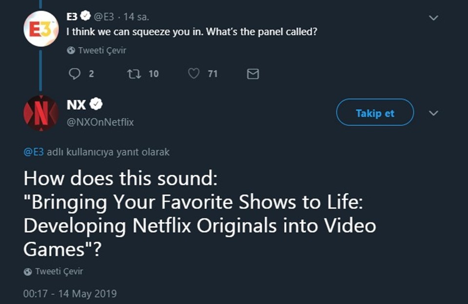 Netflix’in resmi hesaplarından bir tanesi olan '@NXOnNetflix' ile E3’ün resmi hesabı arasındaki bir Twitter sohbeti