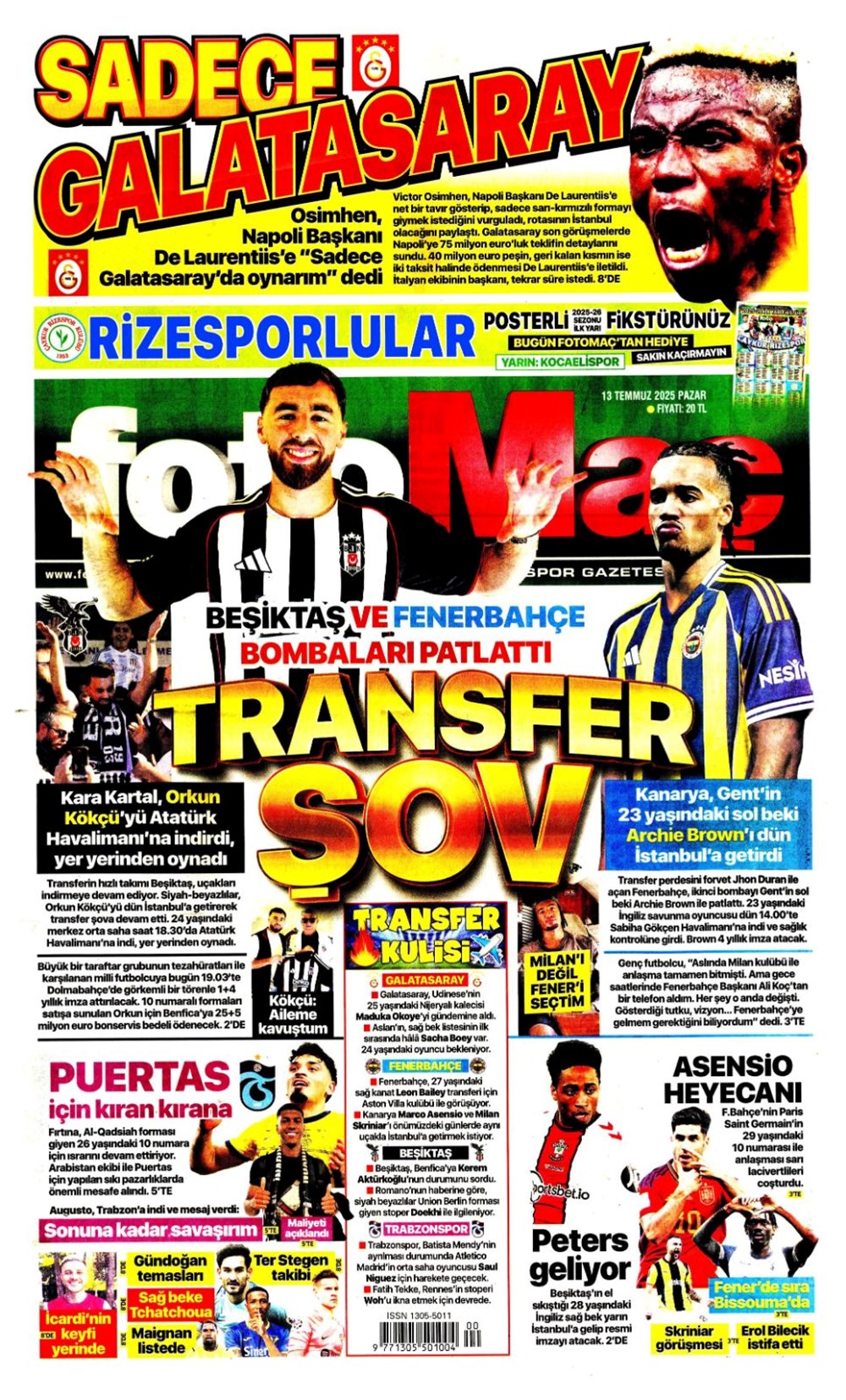 "Transfer şov" (13 Temmuz 2025 spor manşetleri) - 5