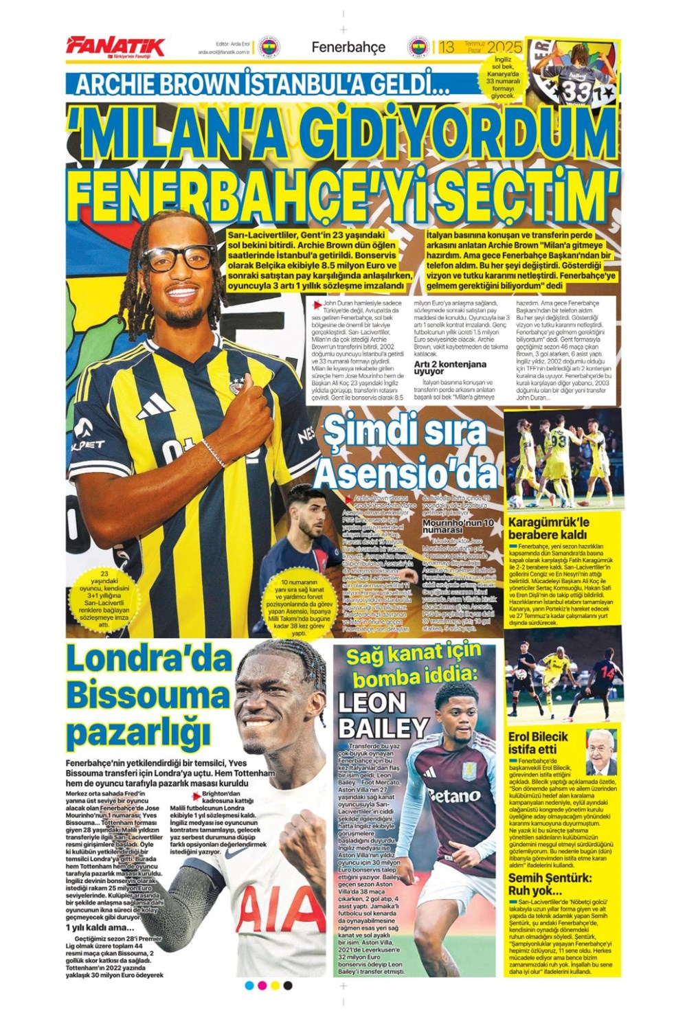 "Transfer şov" (13 Temmuz 2025 spor manşetleri) - 2