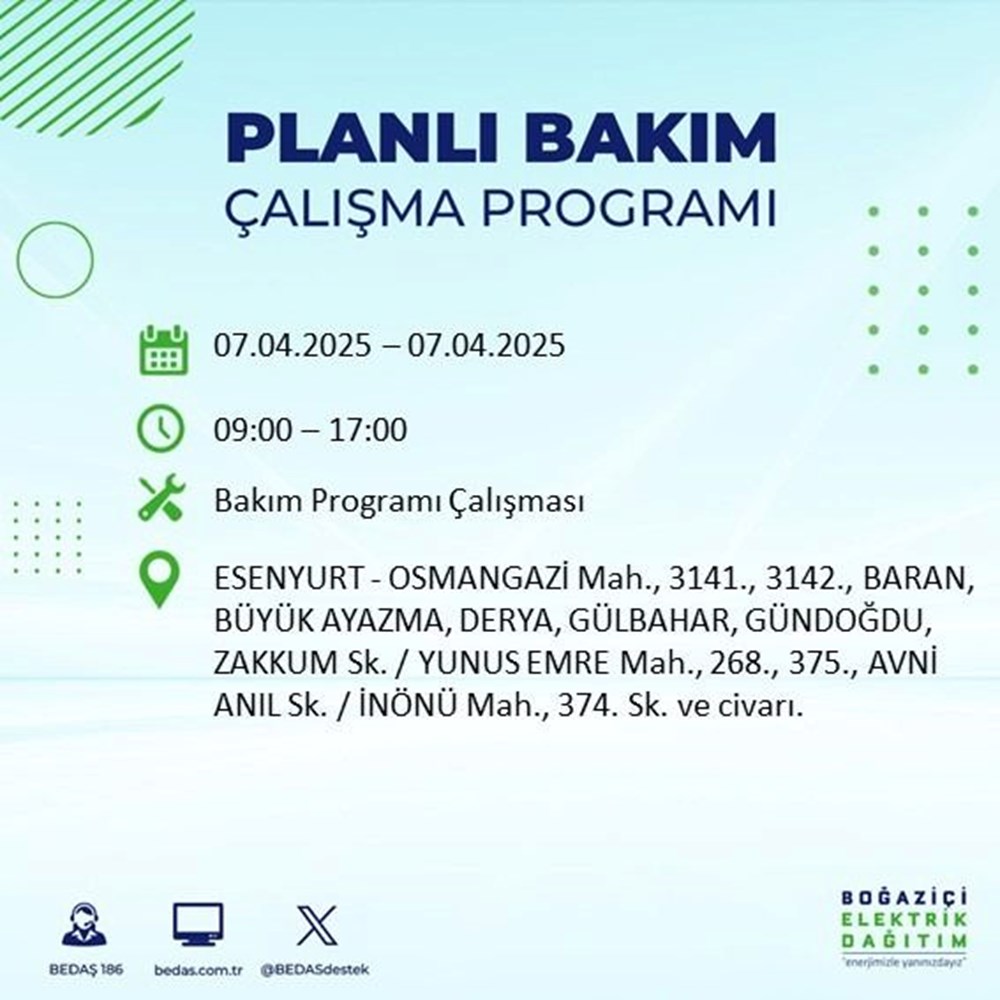 İstanbul'un 21 ilçesinde elektrik kesintisi: Elektrikler ne vakit gelecek? 9 saat sürecek (7 Nisan BEDAŞ kesinti programı) 98 tugfMnM1p0qpdYRB0aofGA