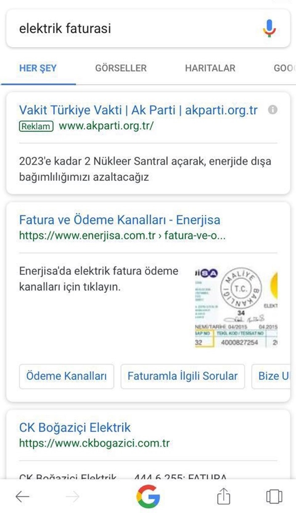 Elektrik faturası arayana nükleer enerji hakkında AK Parti beyannamesi.