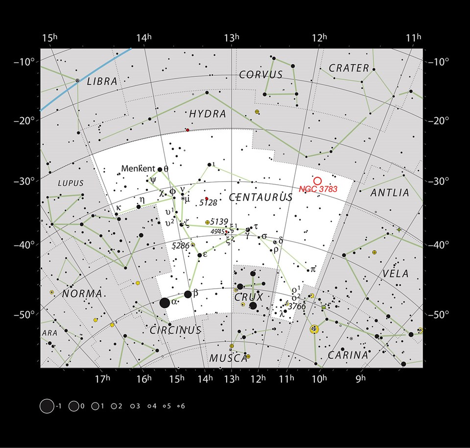 Centaurus (Erboğa) takımyıldızında yer alan NGC 3783'ün konumu (büyütmek için tıklayın).