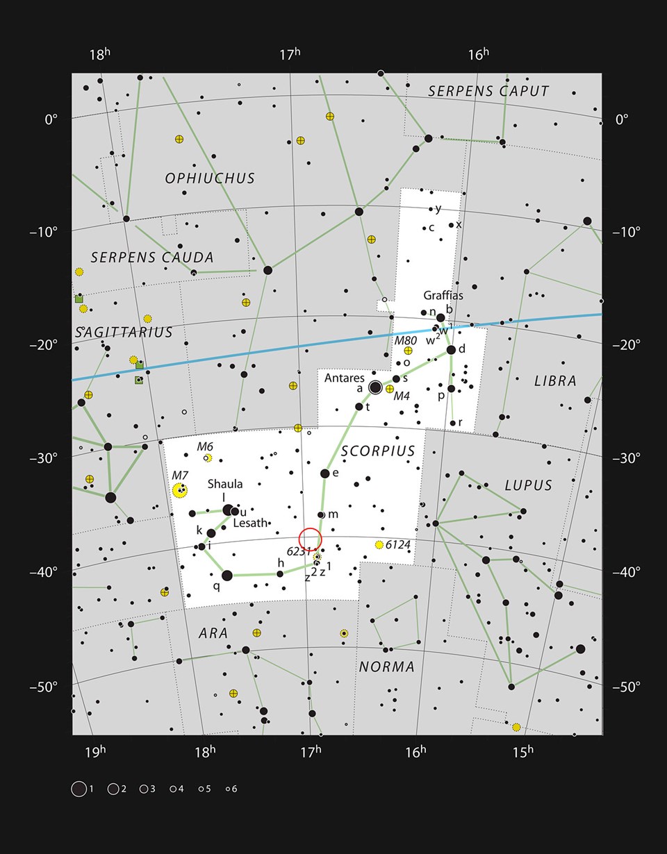 Akrep Takımyıldızı'ndaki Karides Nebulası IC 4628'in konumu (Büyütmek için tıklayın).