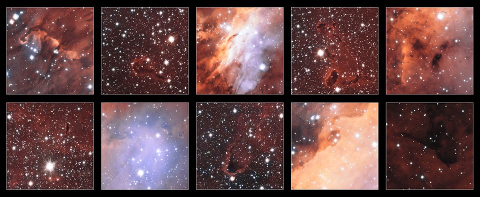 VST teleskobu tarafından elde edilen Karides Nebulası'na ait farklı görüntüler (Büyütmek için tıklayın).