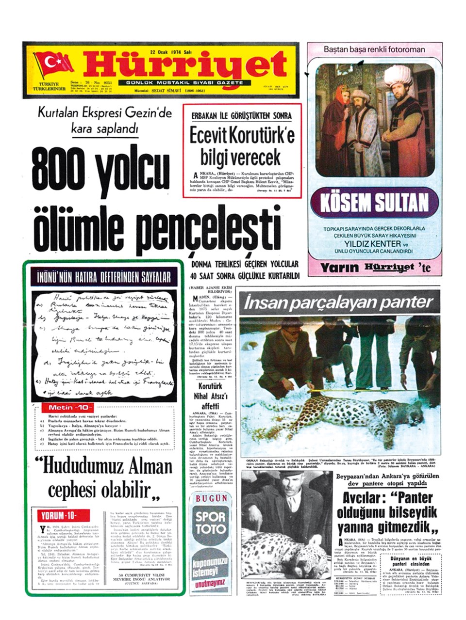 1974’te Beypazarı’nda öldürülen leoparın haberi gazetede “İnsan parçalayan panter” başlığıyla yer almıştı.
