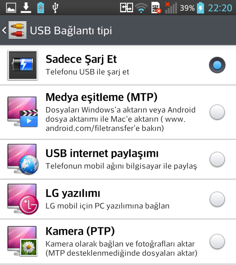 Dosya transferi için micro USB'yi bağladığınızda yapacağınız işlemi belirlemeniz gerek.