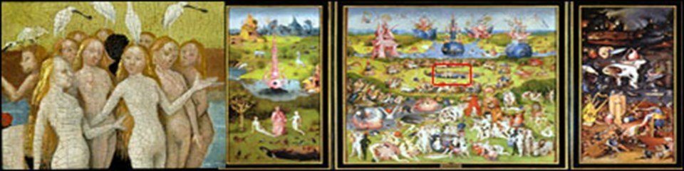 Hieoronymous Bosch'un Dünyevi Zevkler Bahçesi adlı tablosu ve detayı.