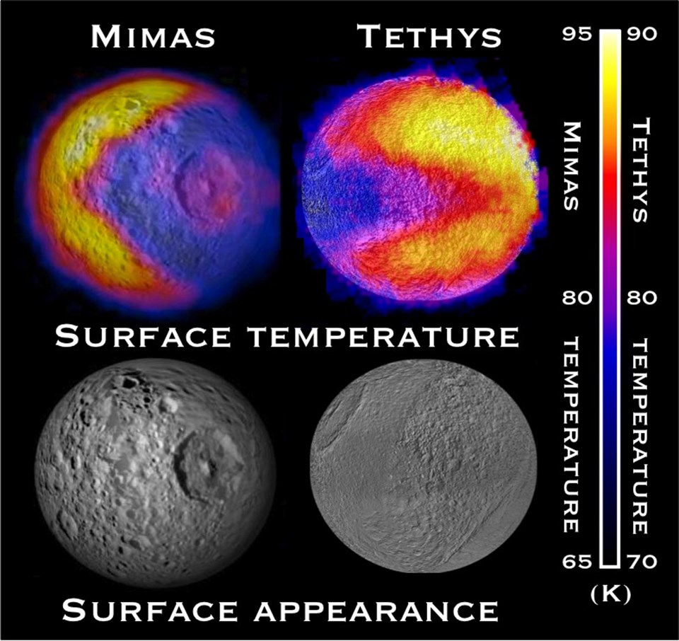 Cassini'nin kızılötesi detektörüyle elde edilen termal görüntüler.