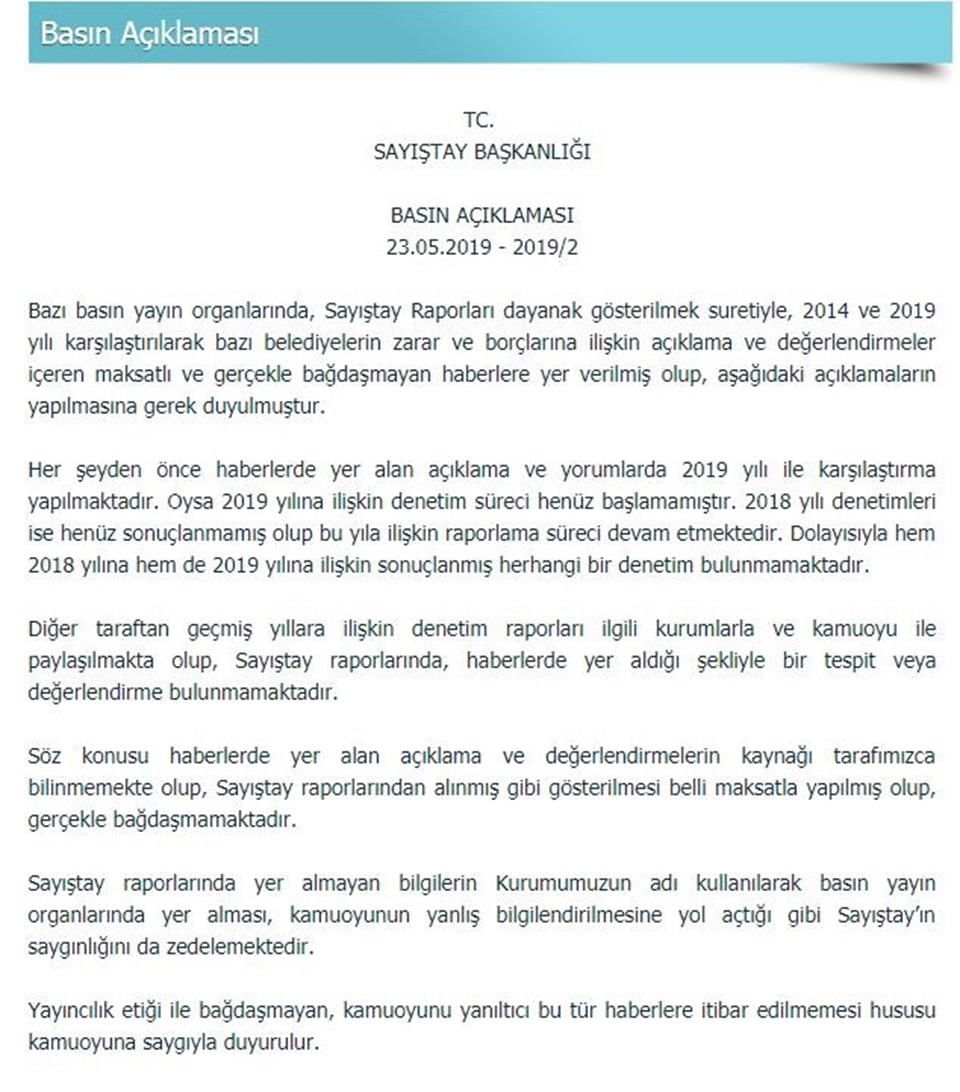 Sayıştay'ın internet sitesinde yer alan açıklama.