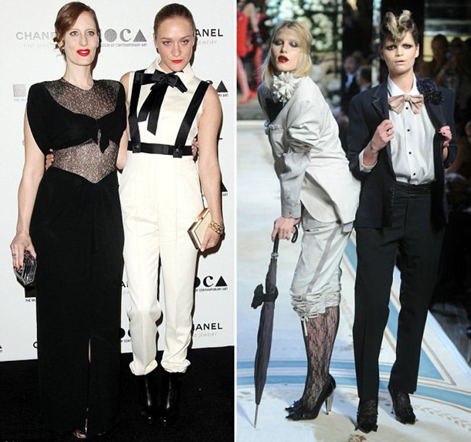 Aktris ve tasarımcı Chloe Sevigny yakasız gömleğini papyon ve pantolon askısıyla tamamladı. Dree Hemingway ve Pixie Geldof Lanvin for H&M’nin geçidinde takım elbise giydiler.