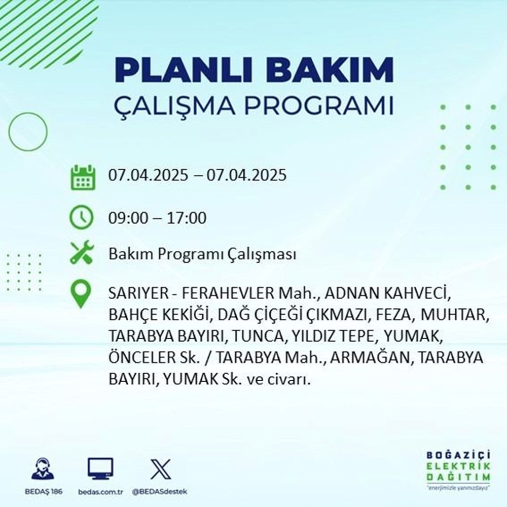 İstanbul'un 21 ilçesinde elektrik kesintisi: Elektrikler ne vakit gelecek? 9 saat sürecek (7 Nisan BEDAŞ kesinti programı) 108 u