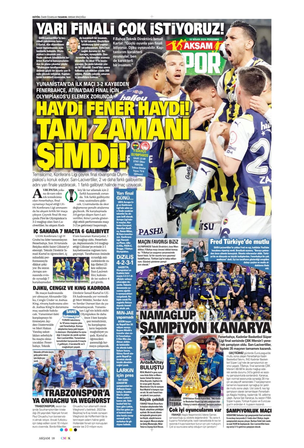 "Hedef yarı final" (18 Nisan 2024 spor manşetleri) - 1