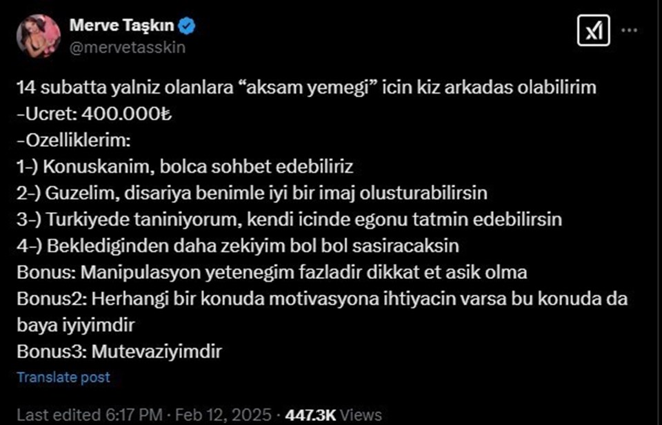 Akşam yemeği için 400 bin lira: Merve Taşkın'ın 14 Şubat paylaşımına gözaltı - 1