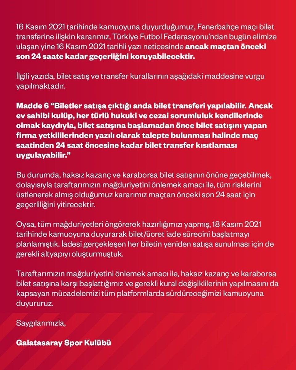 Galatasaray'dan Fenerbahçe derbisi biletleriyle ilgili yeni açıklama - 1