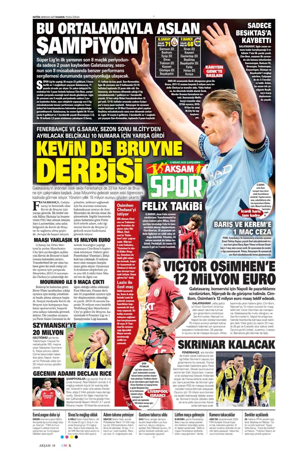 "Kevin De Bruyne derbisi" (9 Nisan 2025 spor manşetleri) - 1