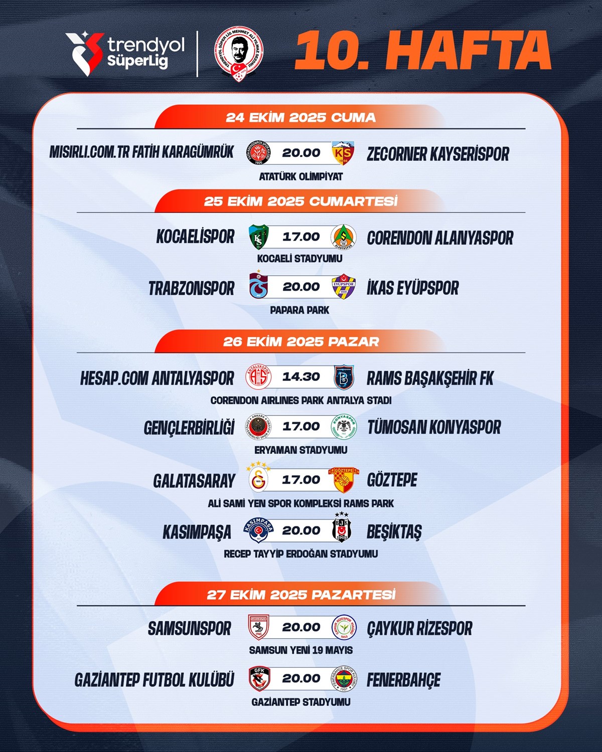 Süper Lig 10. hafta programı
