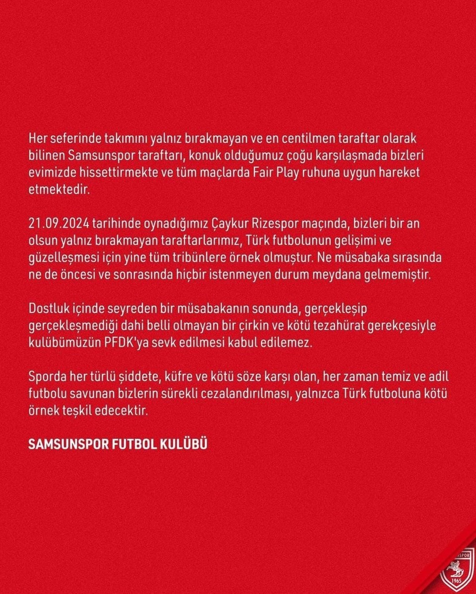 Samsunspor'dan PFDK sevkine tepki - 1