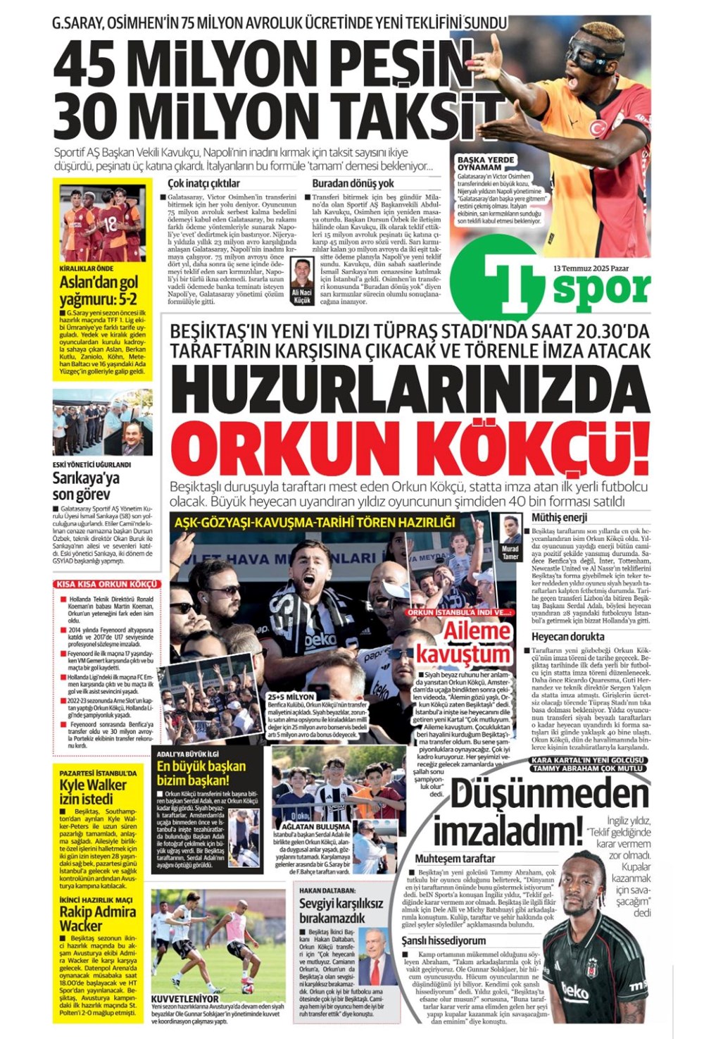 "Transfer şov" (13 Temmuz 2025 spor manşetleri) - 18