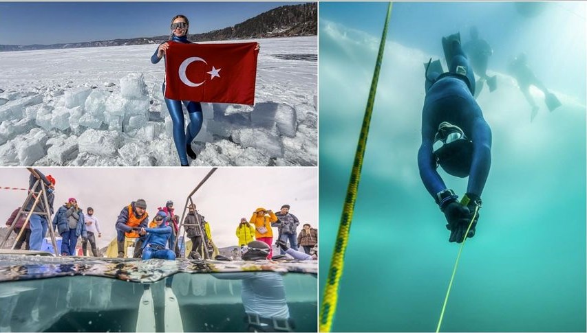 Şahika Ercümen iklim krizi için Baykal Gölü'ne buz altı dalış yaptı