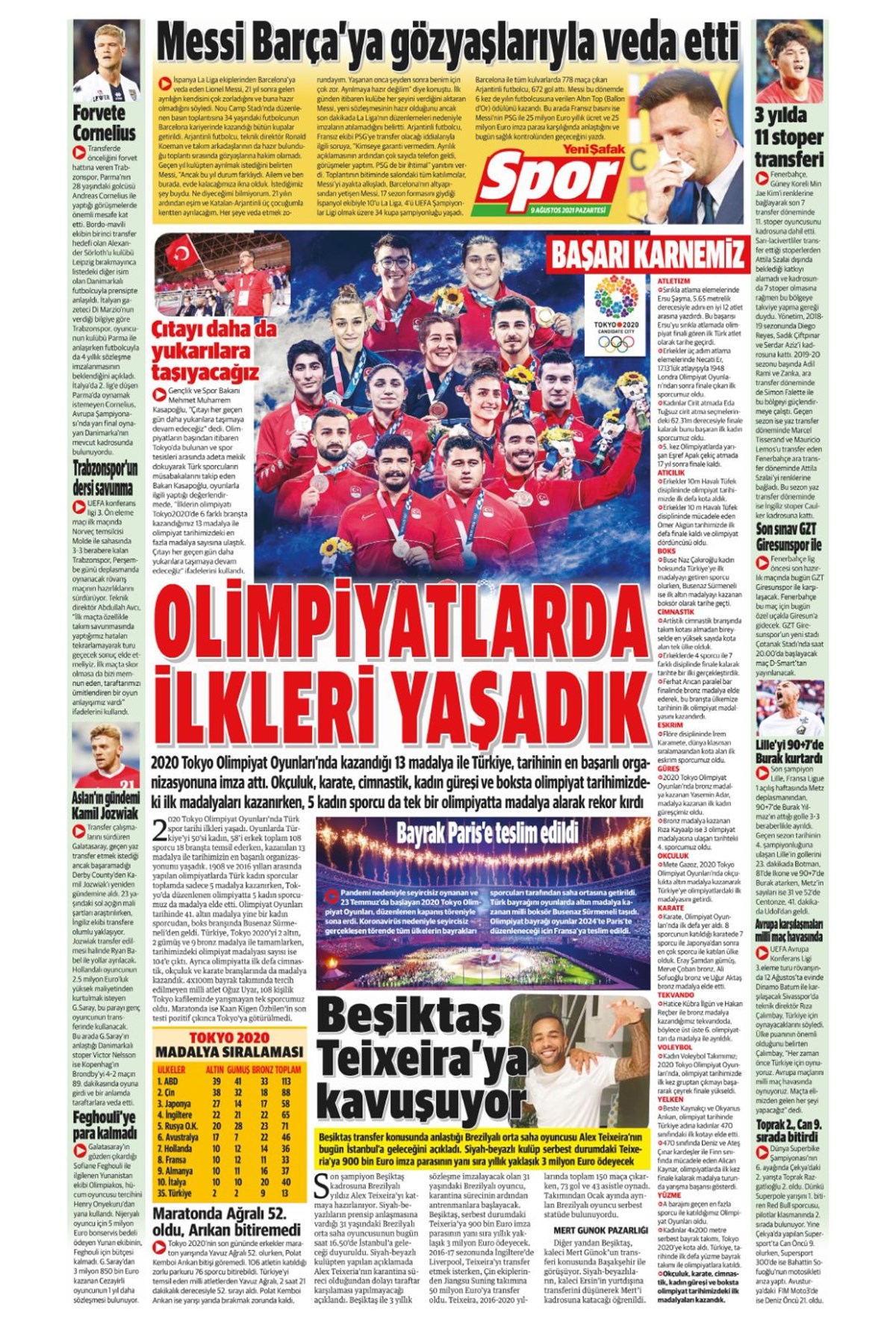 Günün spor manşetleri (9 Ağustos 2021)