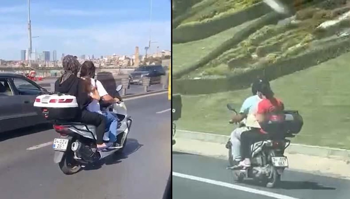 İki ailenin motosikletle tehlikeli yolculuğu kamerada İki ailenin motosikletle tehlikeli yolculuğu kamerada