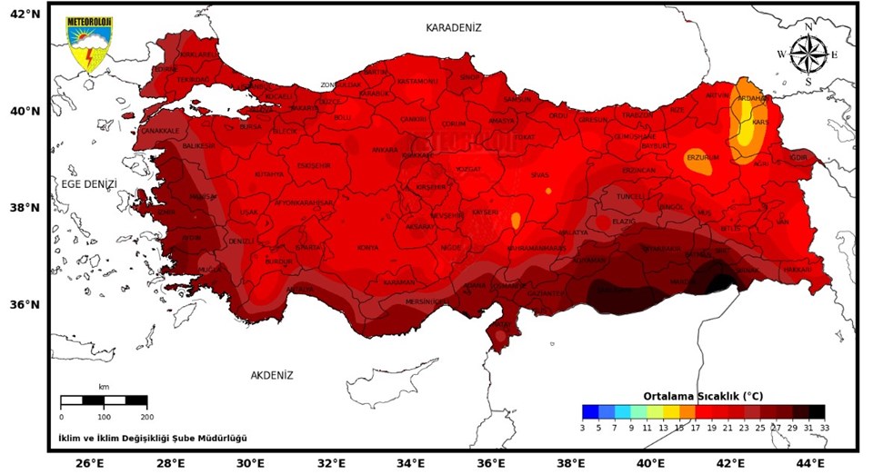 2022 Haziran ayı ortalama sıcaklık haritası