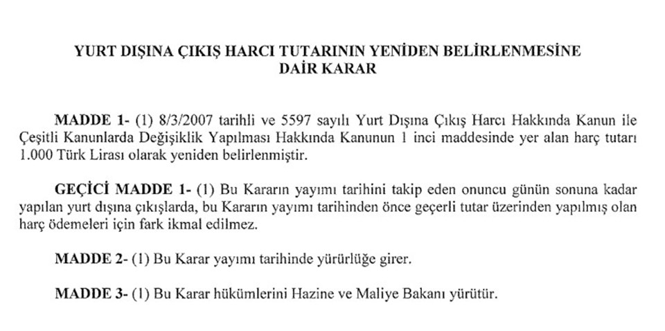 Yurt dışı çıkış harcı yükseltildi: Karar Resmi Gazete'de - 1