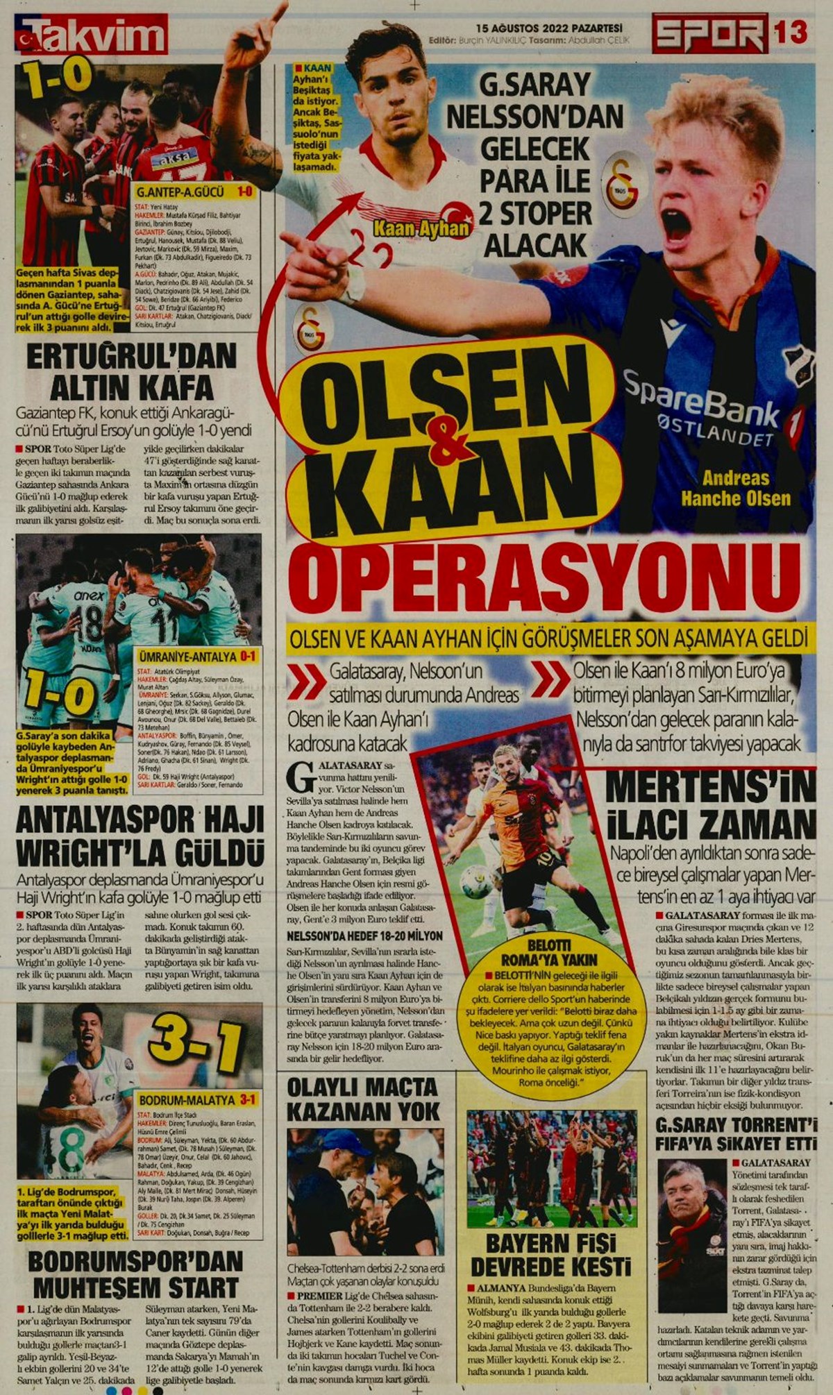 Günün spor manşetleri (15 Ağustos 2022)