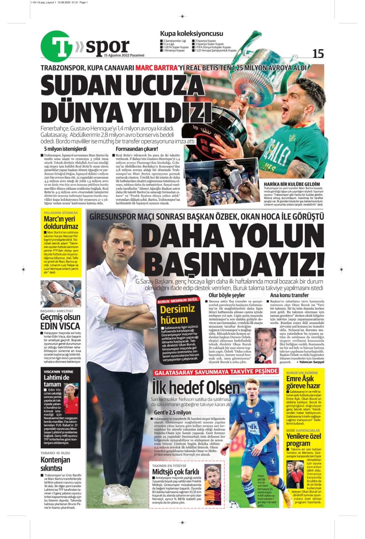 Günün spor manşetleri (15 Ağustos 2022)