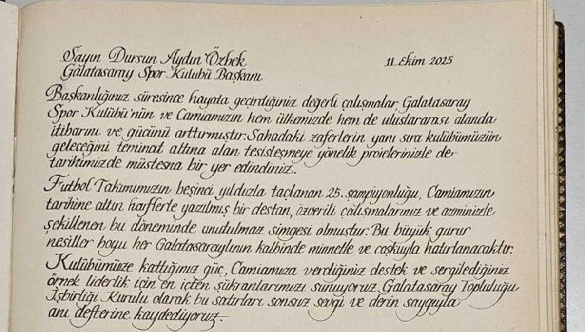Başkan Dursun Özbek'e teşekkür yazısı