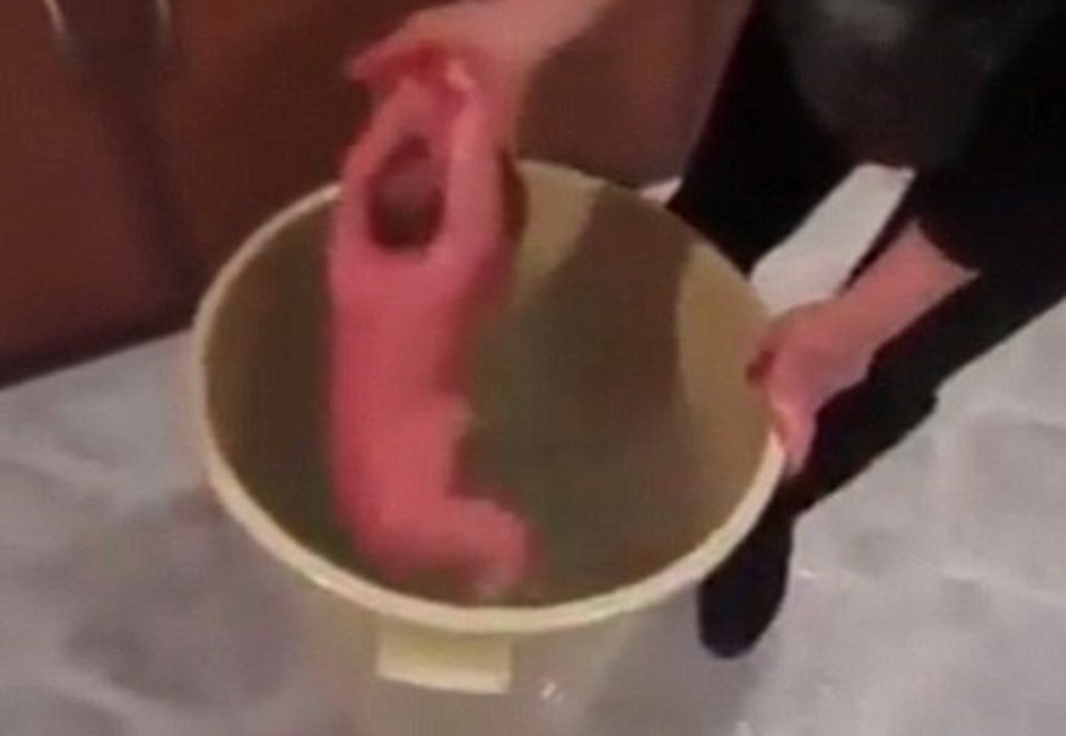 Sitede yer alan videoda yeni doğmuş bebeğin başının defalarca suya sokulup çıkarıldığı görülüyor.