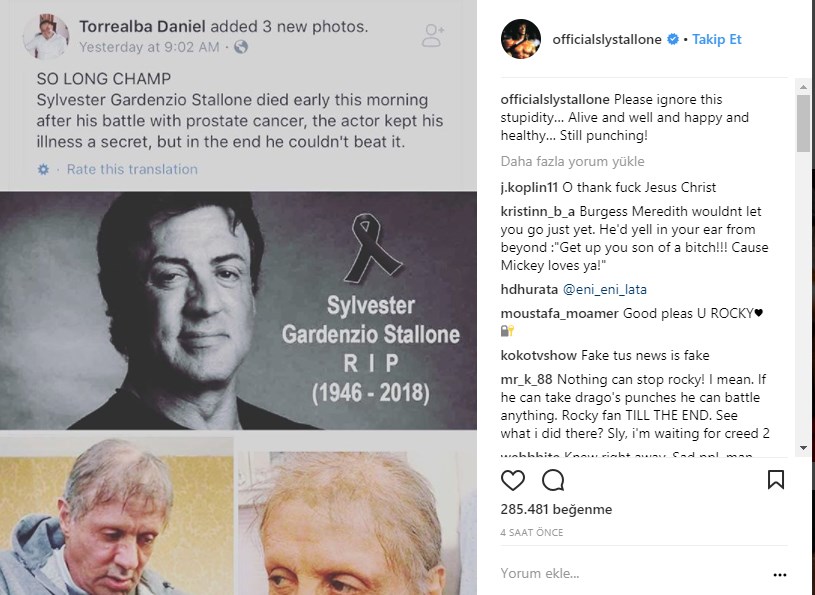 Sylvester Stallone, oldu iddiaları, rock