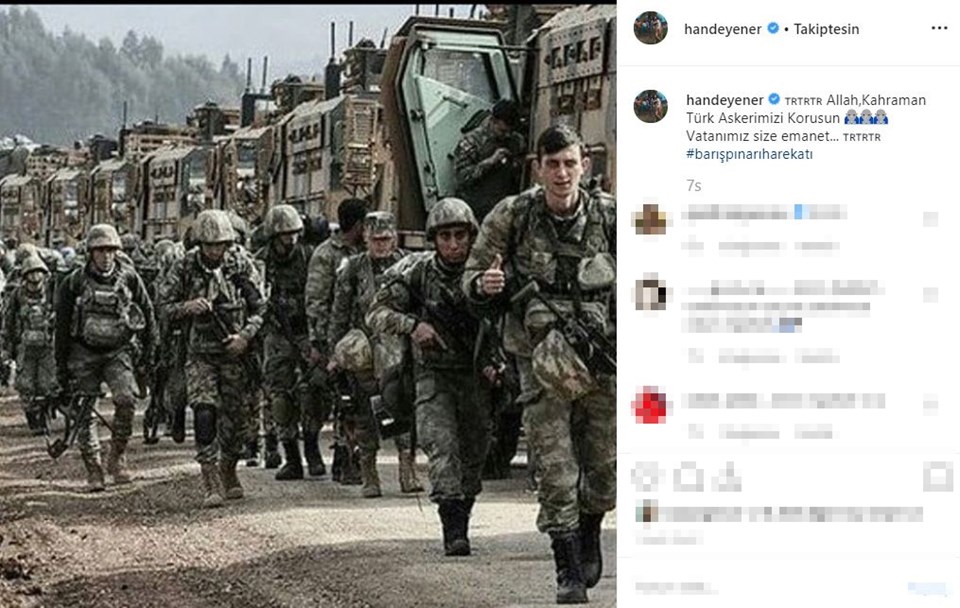 Instagram'da ünlüler, Ünlülerden Mehmetçik'e destek mesajları, Barış Pınarı Harekatı, Barış Pınarı Harekatı destek mesajları, ünlülerden Barış Pınarı Harekatı'na destek mesajları, TSK