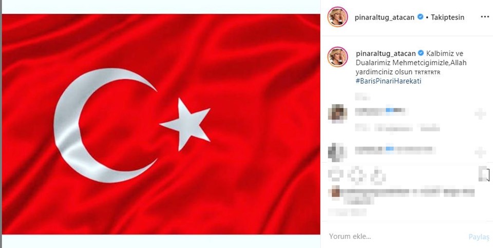 Instagram'da ünlüler, Ünlülerden Mehmetçik'e destek mesajları, Barış Pınarı Harekatı, Barış Pınarı Harekatı destek mesajları, ünlülerden Barış Pınarı Harekatı'na destek mesajları, TSK