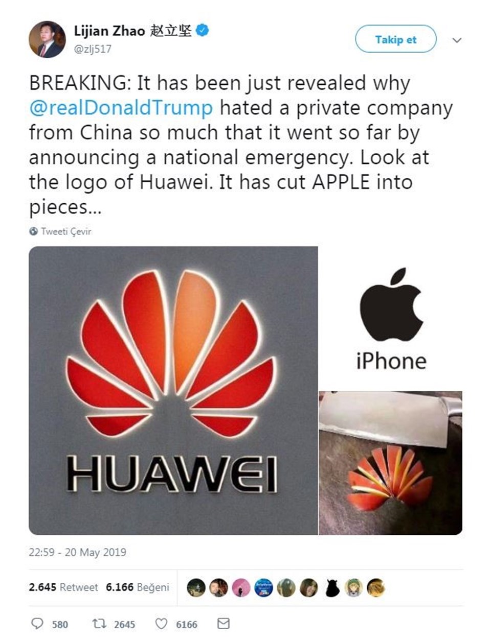 İşte Çinli diplomatın Apple cihazıyla attığı o tweet. Huawei logosu=dilimlenmiş elma.