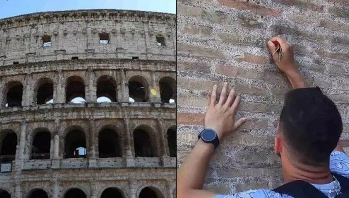 Roma'nın simgesi Kolezyum'a isim kazıyan turist aranıyor Roma'nın simgesi Kolezyum'a isim kazıyan turist aranıyor