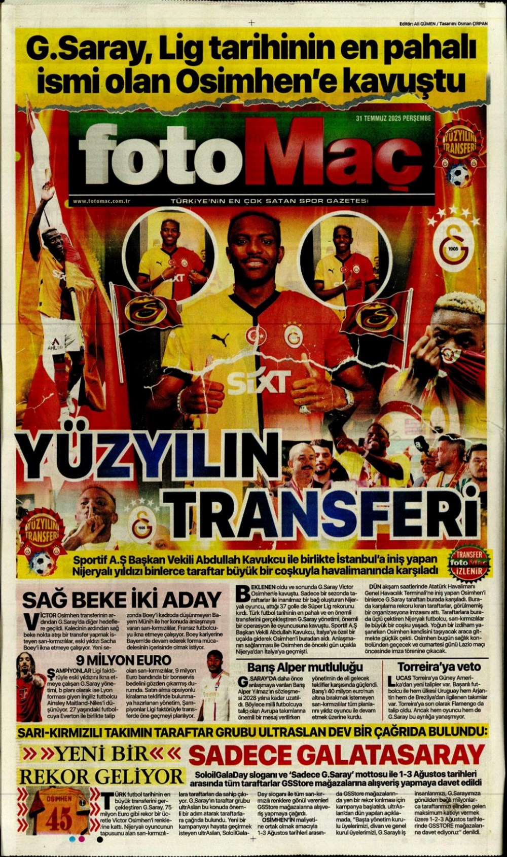 "Yüzyılın transferi" (31 Temmuz 2025 spor manşetleri) - 1