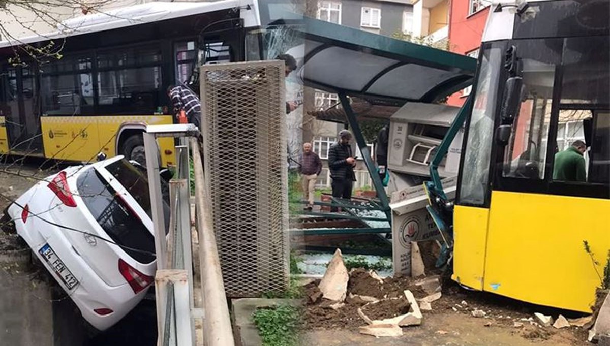 Kontrolden çıkan halk otobüsü durağa daldı Kontrolden çıkan halk otobüsü durağa daldı