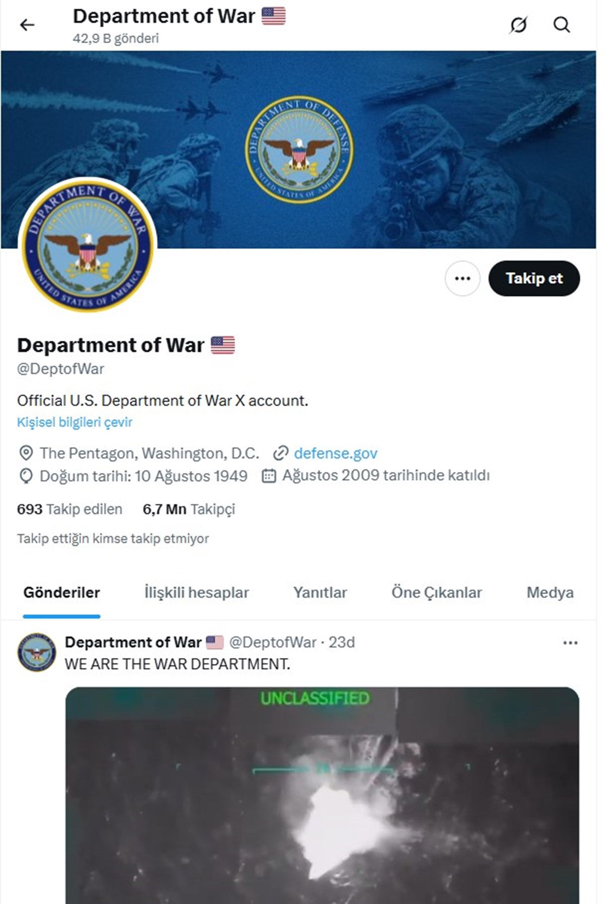 Sosyal medya ve internet sitesinin adı "Department of War" olarak değiştirildi