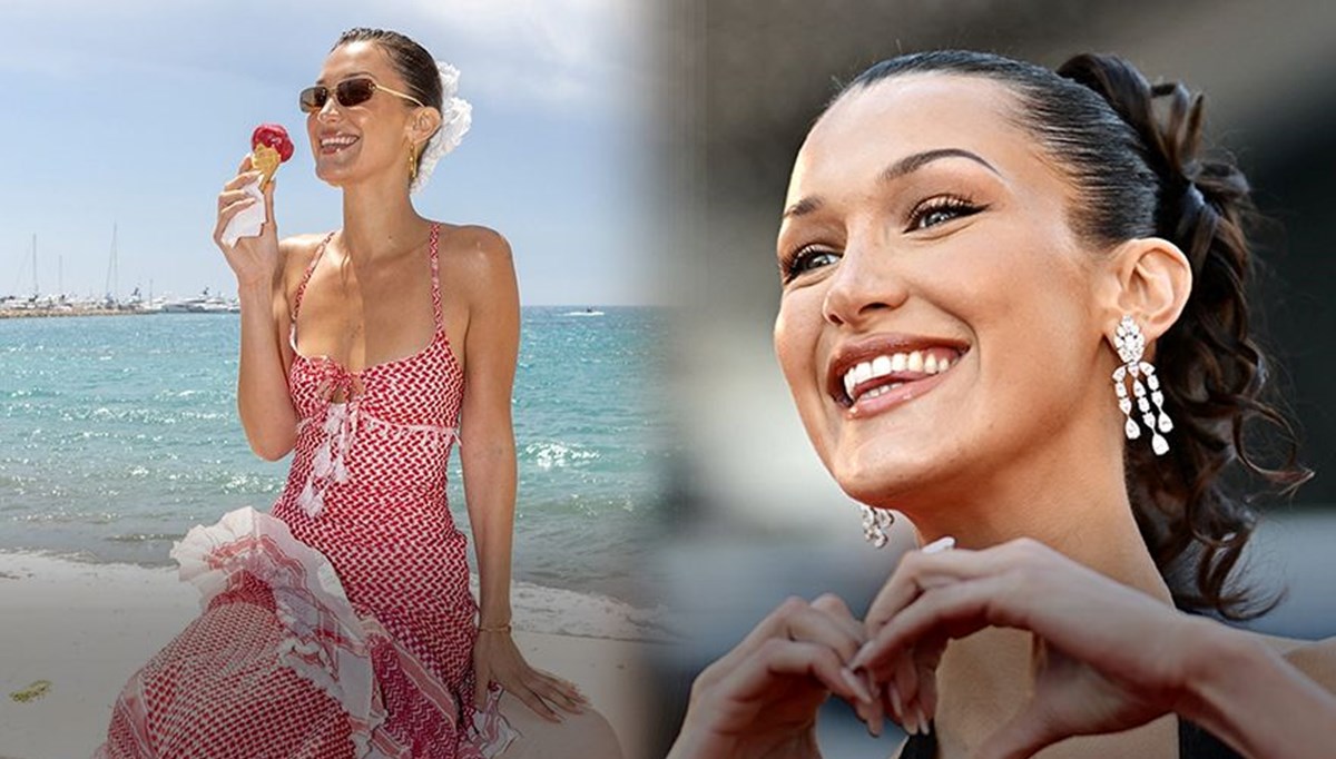 Filistin asıllı model Bella Hadid kefiye elbisesiyle Cannes'da