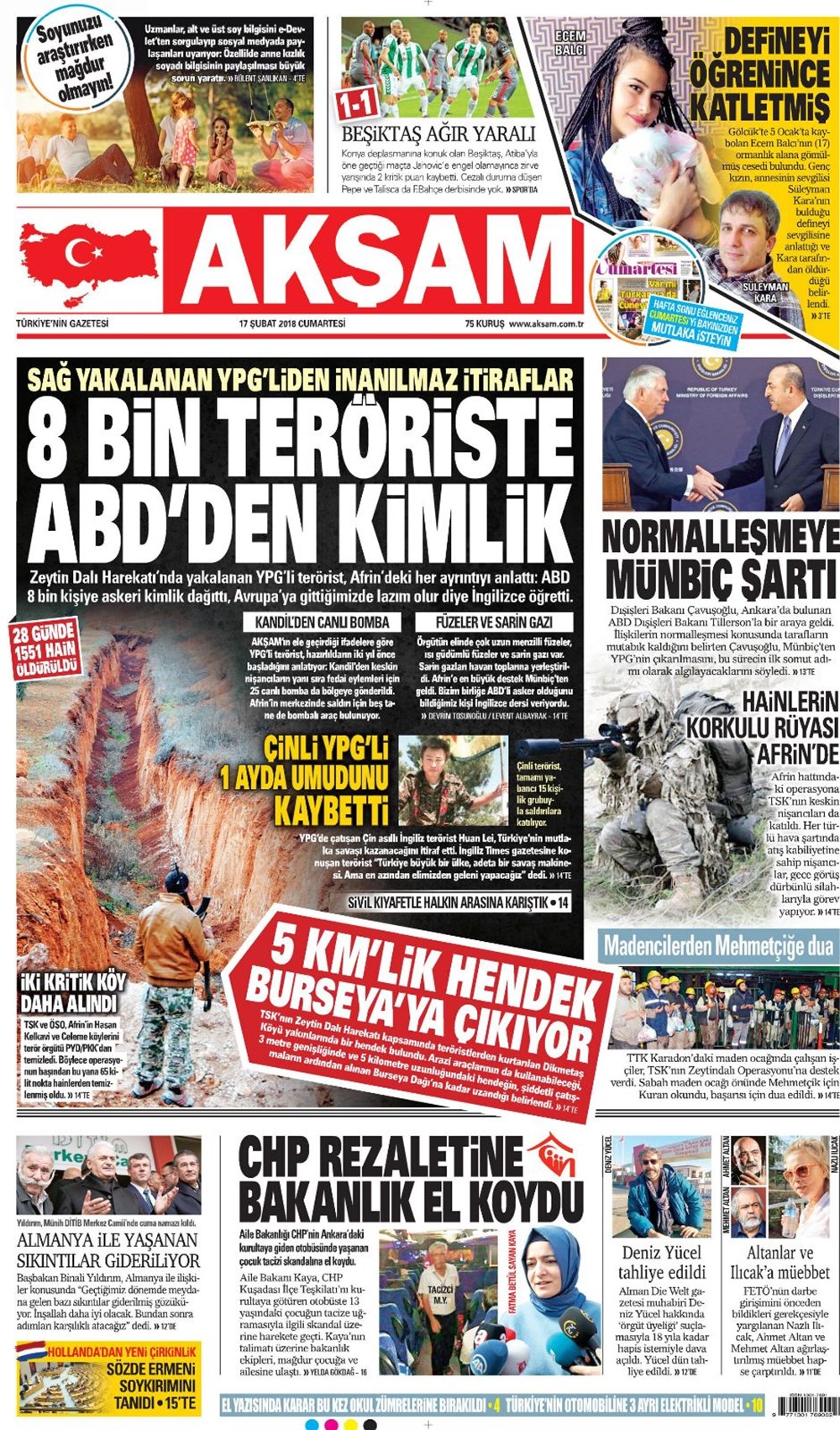 Günlük gazete manşetleri 17022018 Son Dakika Türkiye Haberleri